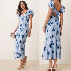 Abercrombie & Fitch NWT Maxi Dress Puff sleeve tie back slip Blue Floral size L